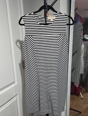 Michael Kors Black and White Striped Sleeveless Shift Dress